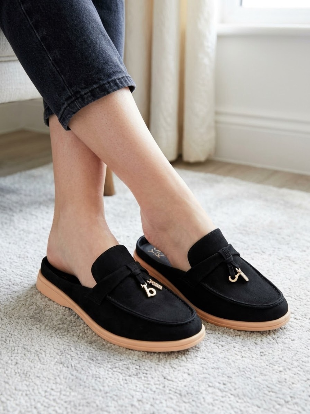 Black Slip-On Loafer Mules with Gold Accent